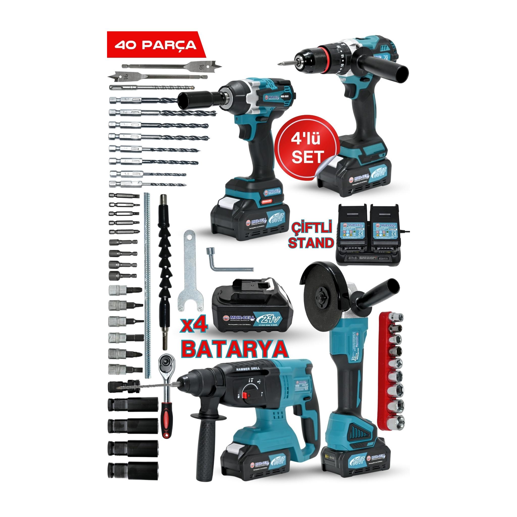 4’lü Profesyonel Set – 26 mm Kırıcı Delici Hilti + 115 mm Taşlama + 400 Nm Somun Sökme + 13 mm Kömürsüz Matkap