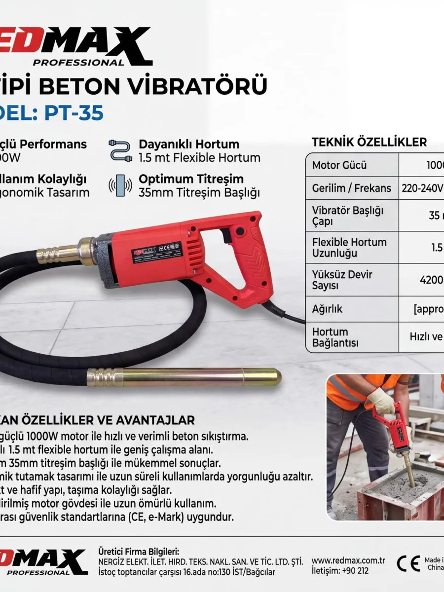 REDMAX 1000W 1,5 Metre Hortumlu El Tipi Beton Vibratörü