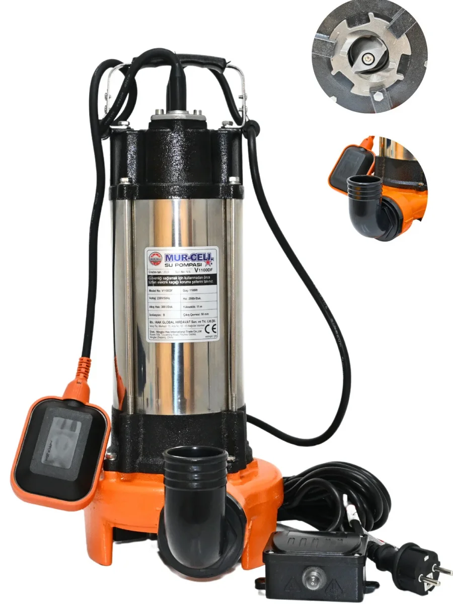 Murcell V1300DF Bıçaklı Drenaj Pompası | Güçlü Kirli ve Temiz Su Dalgıç Pompa