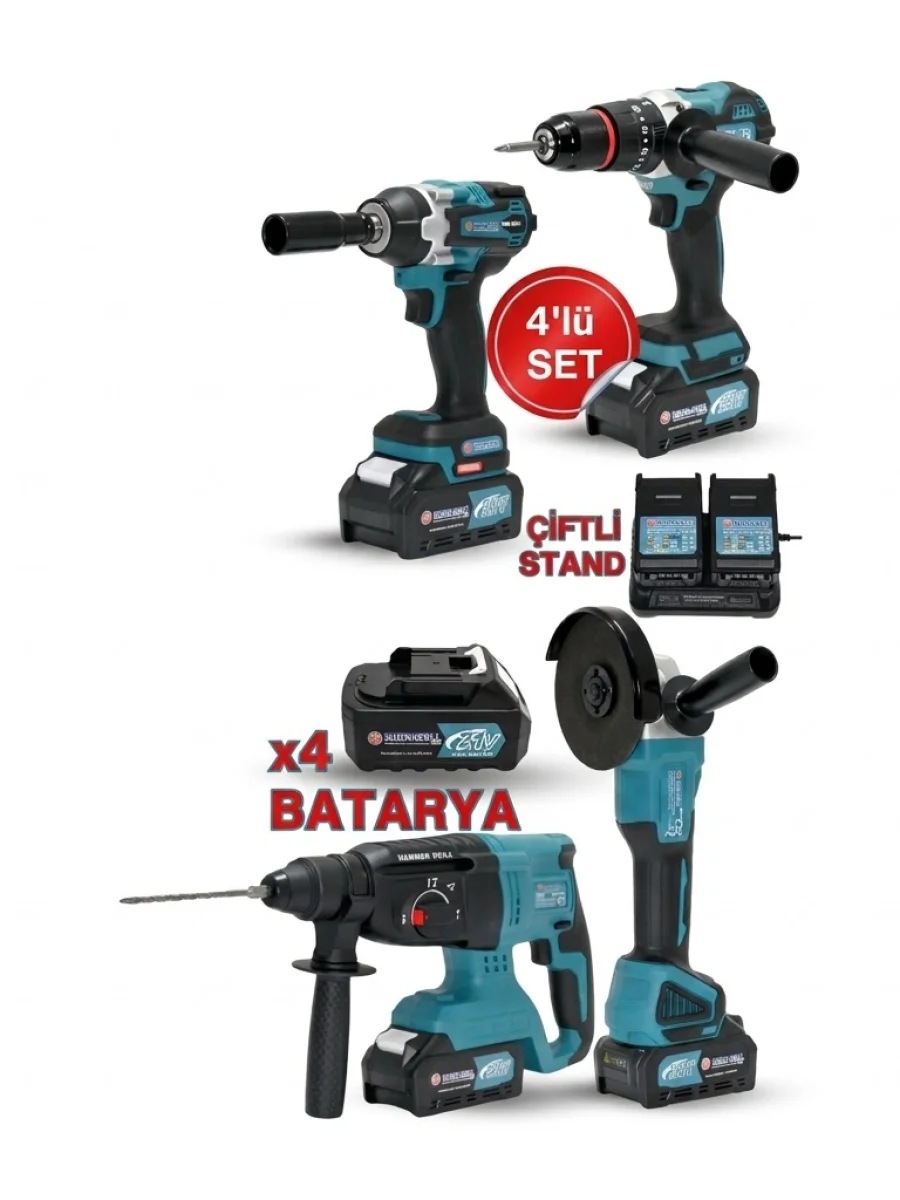 4’lü Profesyonel Set – 26 mm Kırıcı Delici Hilti + 115 mm Taşlama + 400 Nm Somun Sökme + 13 mm Kömürsüz Matkap