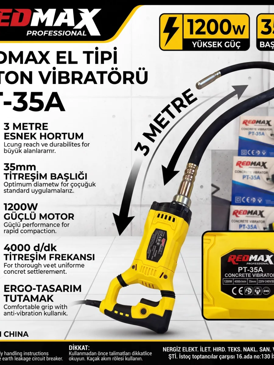 REDMAX 1200W 3 Metre Hortumlu El Tipi Beton Vibratörü