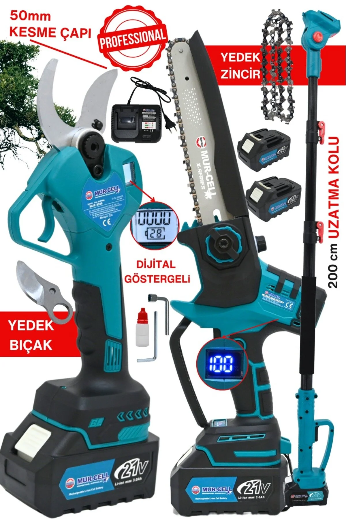 Mur-Cell Dijital Göstergeli 3 lü set 50mm Budama Makası + Kömürsüz Testere + Teleskobik kol
